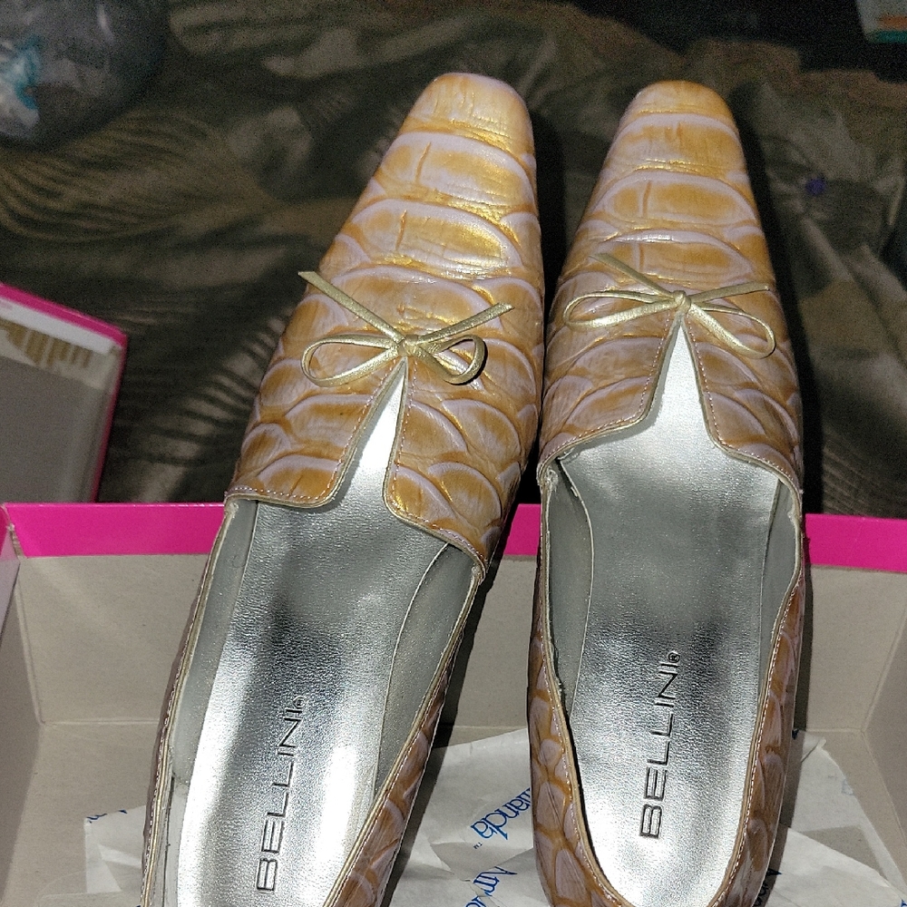 Bellini Metallic Gold Croc-Embossed Pointed Flats with Bow